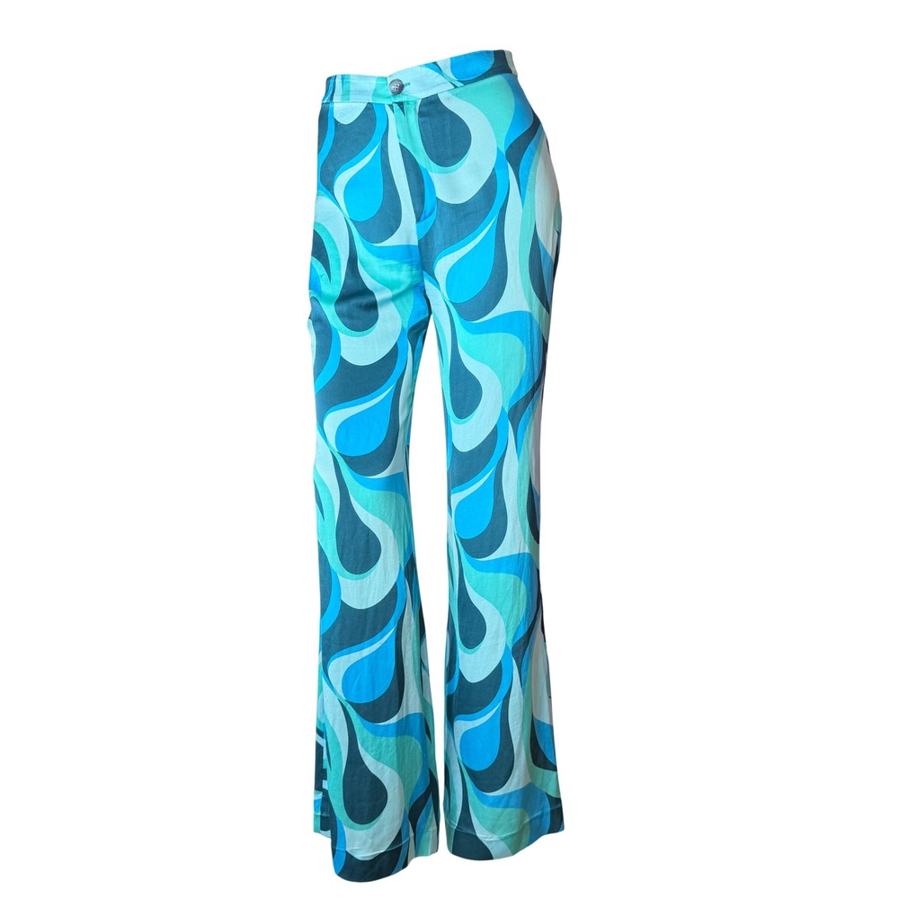 Zara Satin Wide-Leg Swirl Print Pants – Turquoise Retro Groove Flare Trousers S